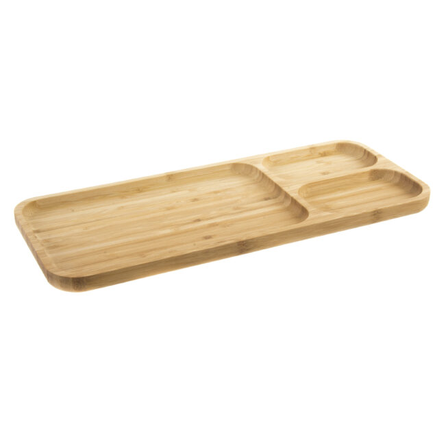 Bamboe houten 3-vaks serveerplank/serveerbord 39 x 16 x 2 cm - Serveerbladen/serveerplank/serveerbord met vakjes