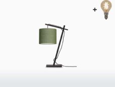 Tafellamp - ANDES - Zwart Bamboe - Groen Linnen - Met Gloeilamp