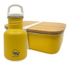 Smikkels - Set RVS lunchbox met drinkfles kind - Geel - Duurzaam - Fles 350ml met afsluitdop en rietjesdop - broodtrommel 900ml met bamboe deksel en elastiek - opvang - basisschool