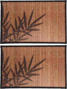 12x stuks rechthoekige placemat 30 x 45 cm bamboe bruin met zwarte bamboe print 2 - Placemats/onderleggers - Tafeldecoratie