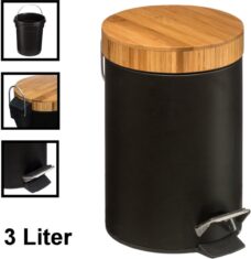 Decopatent® Pedaalemmer 3 liter - Met Bamboe Houten Deksel - Pedaalemmer 3L - Prullenbak - Keuken toilet - 17Øx25.5 Cm - Mat Zwart