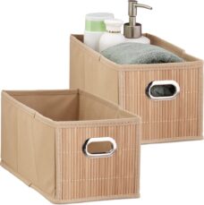Relaxdays 2x opbergmand bamboe - badkamer mand - stoffen opbergbox - mandje stof - natuur