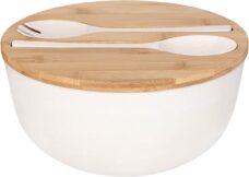Smart Kitchen grote slakom set met bamboe deksel - Saladeschaal 25cm - Serveerschaal - Fruitschaal - Mengkom - Wit