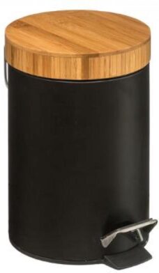 Stijlvolle prullenbak met bamboe deksel - Zwart / hout - Klein formaat - 3L - badkamer / wc / keuken / kantoor / horeca prullenbak