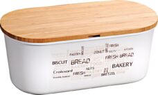 Witte broodtrommel met bamboe snijplank deksel 18 x 34 x 14 cm - Keukenbenodigdheden - Broodtrommels/brooddozen/vershoudtrommels - Brood/kadetjes bewaren en vers houden