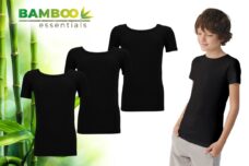 Bamboo Essentials - T Shirt Kinderen Jongens - Ronde Hals - 3 Stuks - Zwart - 122-128 - Bamboe - Ondershirt - Extra Lang - Anti Zweet T-Shirt Jongens