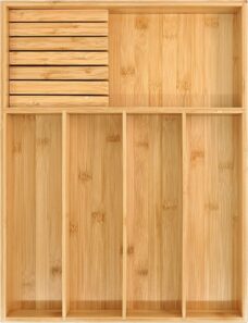 Bamboe zilverwerk organizer, gebruiksvoorwerphouder voor lade, houten bestekbak met scheidingswand voor keuken, bestek opslag en verwijderbaar messenblok, 13 x 47 inch