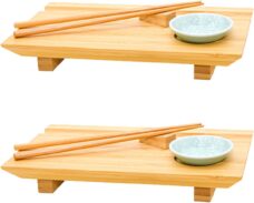 2x Japanse Sushi Serveerbladen - 27x16x4 Bamboe Borden - Planken met Schaaltjes