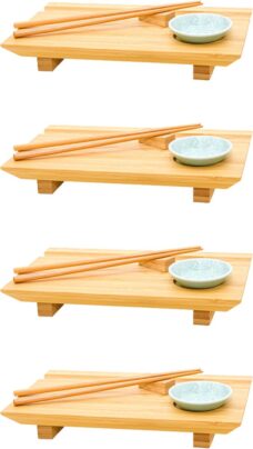 4x Japanse Sushi Serveerbladen - 27x16x4 Bamboe Borden - Planken met Schaaltjes