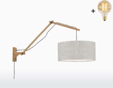 Wandlamp met Lange Arm - ANDES - Naturel Bamboe - Licht Linnen - Met LED-lamp