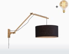 Wandlamp met Lange Arm - ANDES - Naturel Bamboe - Zwart Linnen - Met LED-lamp