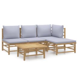 Loungeset van bamboe 5-delig - Hoekbank + 2x middenbank + voetensteun + tafel - Lichtgrijs
