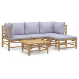 Loungeset van bamboe 5-delig - 2x hoekbank + middenbank + voetensteun + tafel - Lichtgrijs