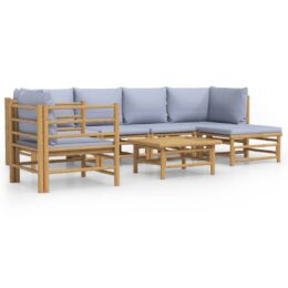 Loungeset van bamboe 7-delig - 2x hoekbank + 2x middenbank + fauteuil + voetensteun + tafel - Lichtgrijs