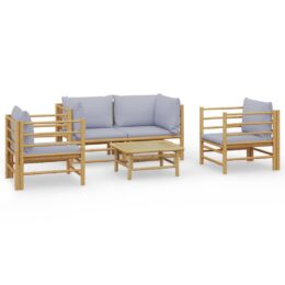 Loungeset van bamboe 5-delig - 2x hoekbank + 2x fauteuil + tafel - Lichtgrijs