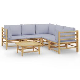Loungeset van bamboe 6-delig - 3x hoekbank + 2x middenbank + tafel - Lichtgrijs