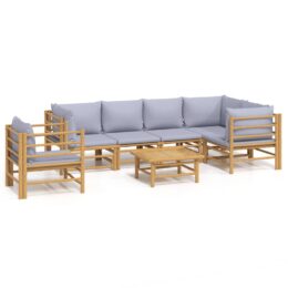 Loungeset van bamboe 7-delig - 2x middenbank + 3x hoekbank + fauteuil + tafel - Lichtgrijs