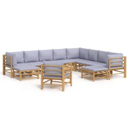 Loungeset van bamboe 12-delig - 5x middenbank + 3x hoekbank + 2x voetensteun + fauteuil + tafel - Lichtgrijs
