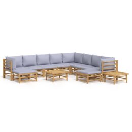 Loungeset van bamboe 12-delig - 5x middenbank + 3x hoekbank + 2x voetensteun + 2x tafel - Lichtgrijs