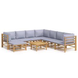 Loungeset van bamboe 9-delig - 3x hoekbank + 4x middenbank + voetensteun + tafel - Lichtgrijs