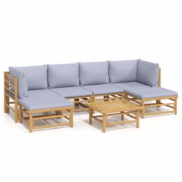 Loungeset van bamboe 7-delig - 2x hoekbank + 2x middenbank + 2x voetensteun + tafel - Lichtgrijs