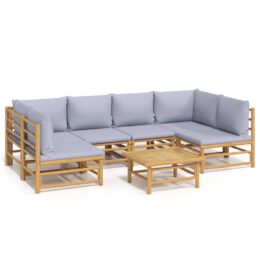 Loungeset van bamboe 7-delig - 2x hoekbank + 4x middenbank + tafel - Lichtgrijs