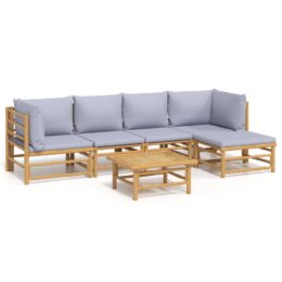 Loungeset van bamboe 6-delig - 2x hoekbank + 2x middenbank + voetensteun + tafel - Lichtgrijs
