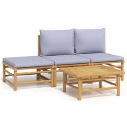 Loungeset van bamboe 4-delig - 2x middenbank + voetensteun + tafel - Lichtgrijs