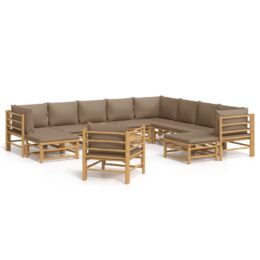 Loungeset van bamboe 12-delig - 5x middenbank + 3x hoekbank + 2x voetensteun + fauteuil + tafel - Taupe