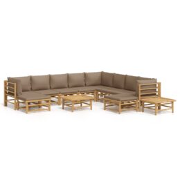 Loungeset van bamboe 12-delig - 5x middenbank + 3x hoekbank + 2x voetensteun + 2x tafel - Taupe