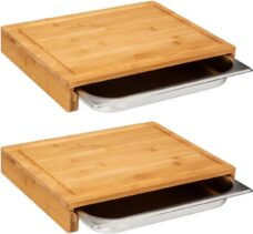 2x Stuks snijplank rechthoek met opvangbak 35 x 28 cm van bamboe hout - Serveerplank - Broodplank