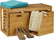 Relaxdays halbankje met opslagruimte - houten bankje - zitbank met kisten - bamboe - hout