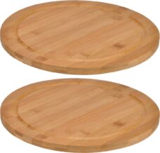 Set van 2x stuks bamboe broodplank/serveerplank/snijplank rond 25 cm - Snijplank met sapgroef - Ontbijtbord