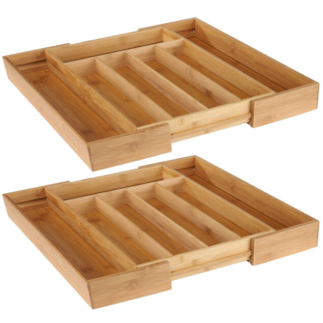 2x stuks uitschuifbare bamboe houten bestekbakken/besteklades 31-48 x 37 x 5 cm - Bestekbakken