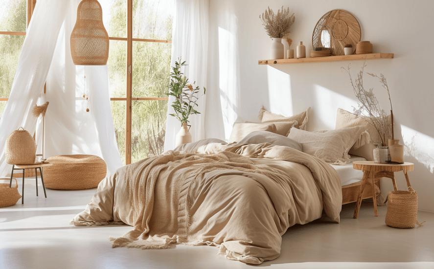 Bed in slaapkamer met bamboe beddengoed in natuurlijke licht